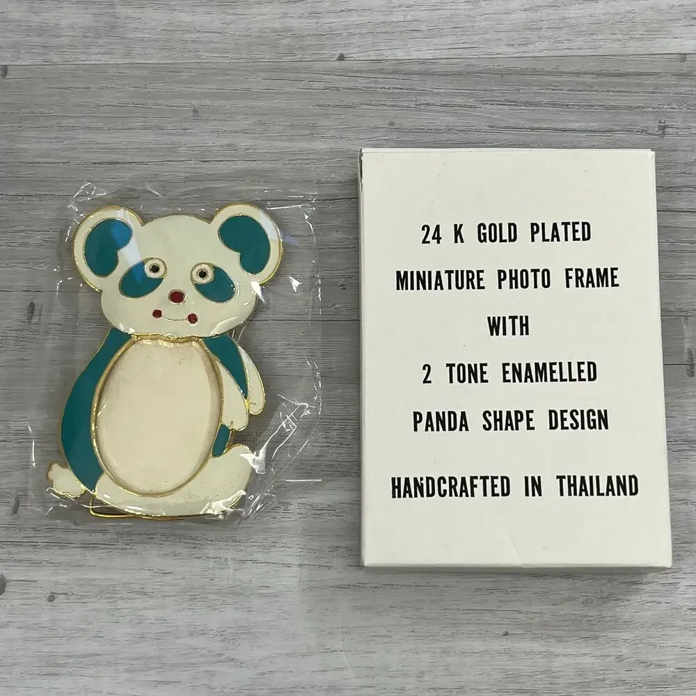 Vintage 24K Gold Plated 2 Toned Enameled Panda Bear Shape Mini Picture Frame